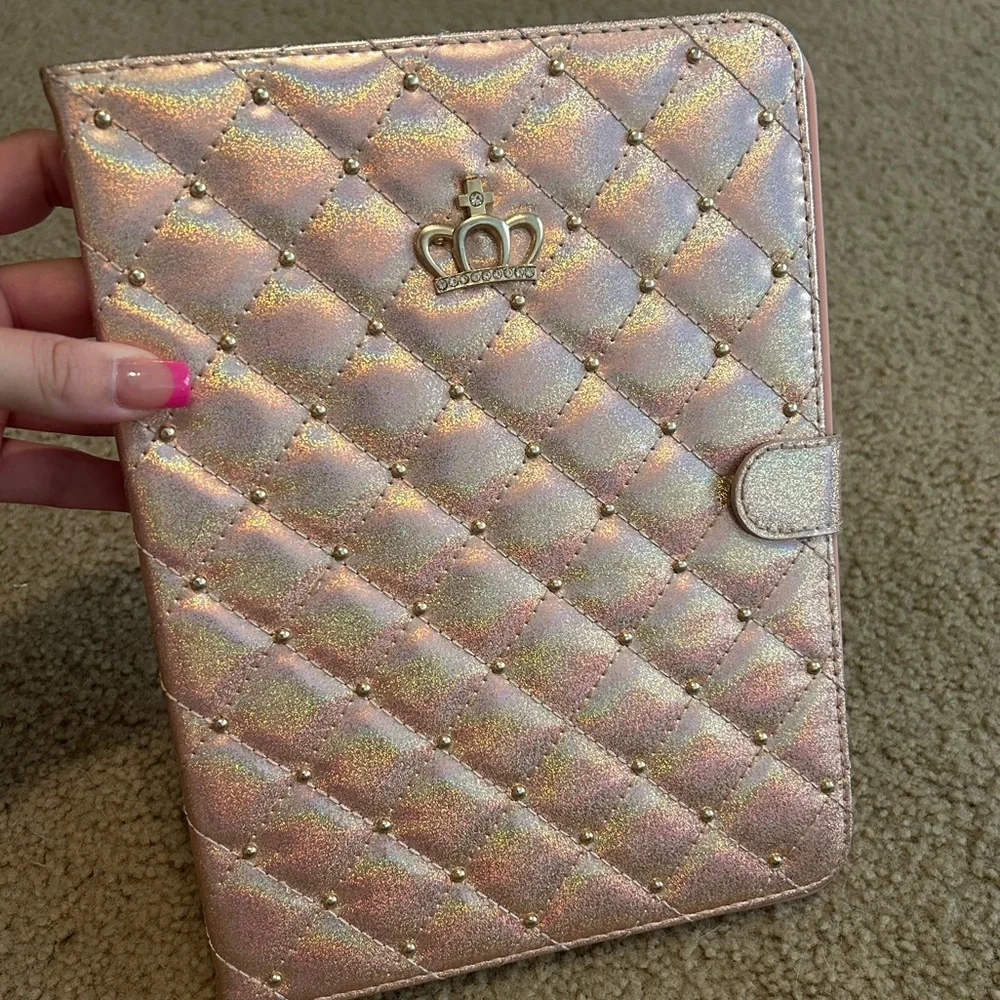 Holographic Quilted Tablet Case with Crown Accent - Pink